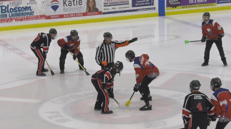 The Mildmay Jr. Moose take on The Frost from Quebec at the Juvenile Broomball Championships in Cornwall, Ont. (Nate Vandermeer/CTV News Ottawa)