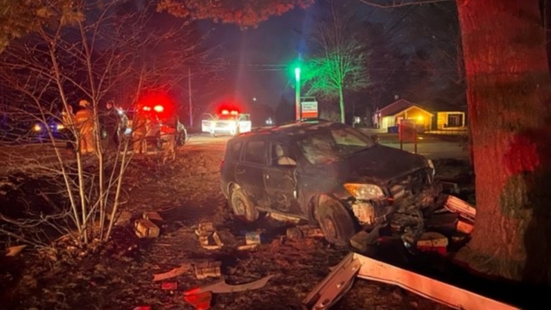 MRC des Collines de l'Outaouais police say a driver who hit a tree in the L'Ange-Gardien area early Friday morning has been charged with impaired driving. (Handout/MRC des Collines police)