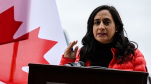Defence Minister Anita Anand makes an announcement at Canadian Forces Base Trenton, in Trenton, Ont., Thursday, April 14, 2022. THE CANADIAN PRESS/Christopher Katsarov