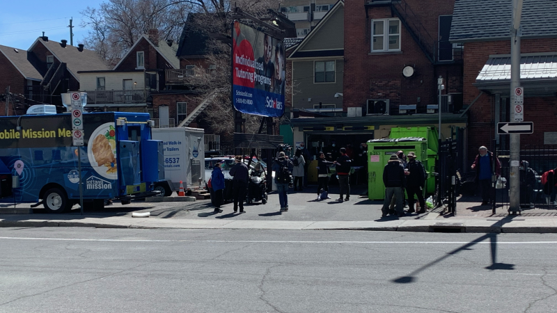 People lined up at the Ottawa Mission food truck on Monday for a special Easter meal. (Jackie Perez/CTV News Ottawa)