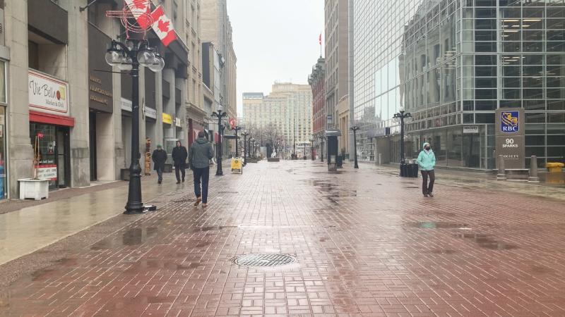 Sparks Street at lunch hour. April 19, 2022. Business owners say even with an economic recovery for the city, the road back to pre-pandemic times is long. (Jackie Perez/CTV News Ottawa)