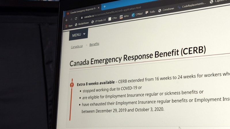 The landing page for the Canada Emergency Response Benefit is seen in Toronto, on Aug. 10, 2020. (Giordano Ciampini / THE CANADIAN PRESS)