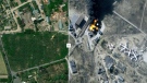 This multispectral satellite image shows buildings and fuel storage tanks on fire at Antonov Airport, during the Russian invasion, in Hostomel, Ukraine on Friday, March 11, 2022. The image taken before the attack is from May 4, 2017. (Satellite image ©2022 Maxar Technologies via AP)