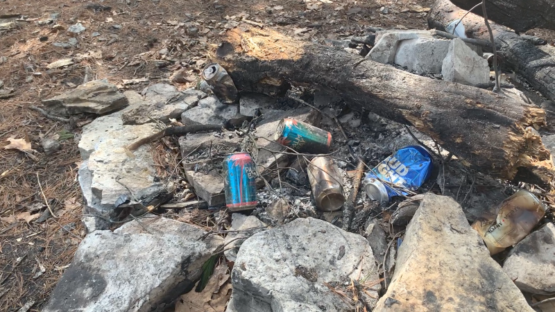 Empty beer cans leftover from Saturday night’s bonfire gathering in Kanata. One resident called police to break up the party. (Jackie Perez/CTV News Ottawa
