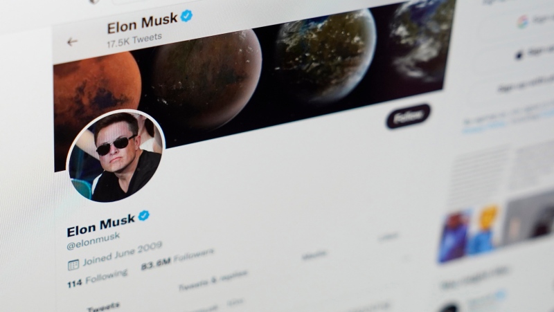 The Twitter page of Elon Musk is seen on the screen of a computer in Sausalito, Calif., on Monday, April 25, 2022.  (AP Photo/Eric Risberg)