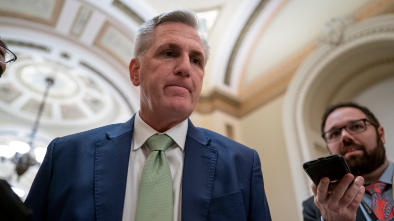 U.S. House Minority Leader Kevin McCarthy, R-Calif., talks to reporters at the Capitol in Washington on Wednesday, April 6, 2022. (AP Photo/J. Scott Applewhite)