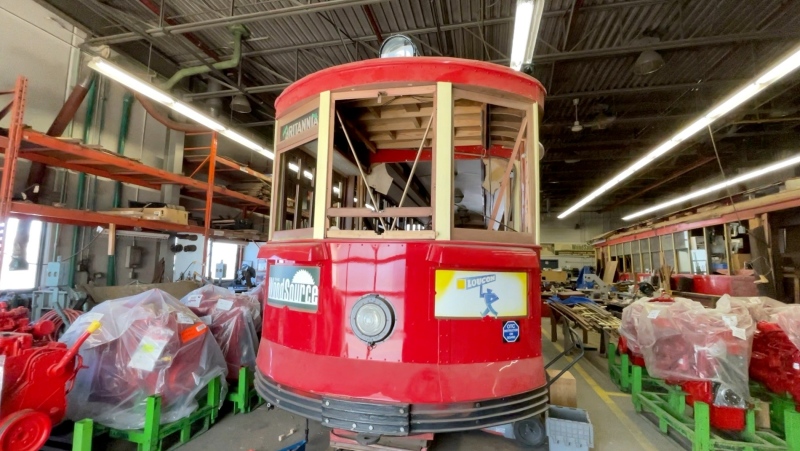 Volunteers are hoping to resume restoration work soon on the old Streetcar 696, which sits in an OC Transpo garage. (Peter Szperling/CTV News Ottawa)