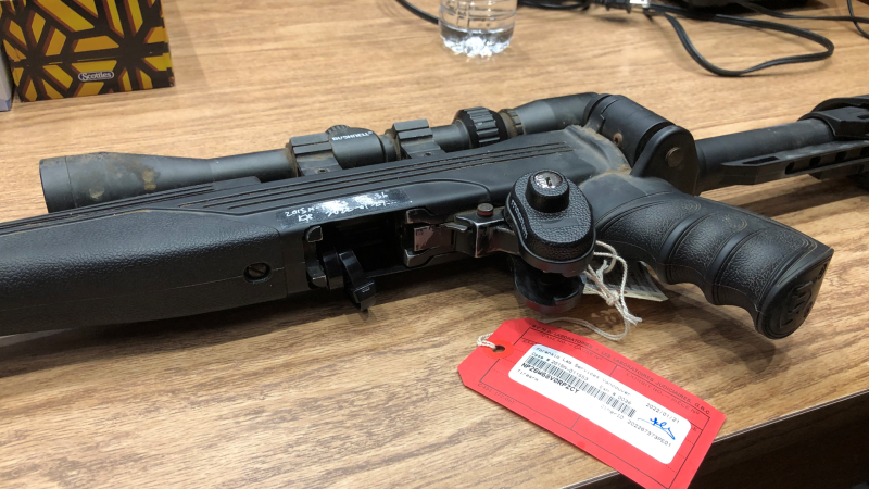 A Ruger 10/22 semi-automatic rifle was found in a field west of Saskatoon on Nov. 14, 2021. The Crown hopes to submit it as evidence in the Greg Fertuck murder trial. (Courtesy: Trial Exhibit) 
