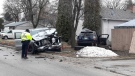 Police on scene of a fatal crash at Kildare Avenue West and Bond Street. May 1, 2022. (Source: Daniel Timmerman/CTV News)