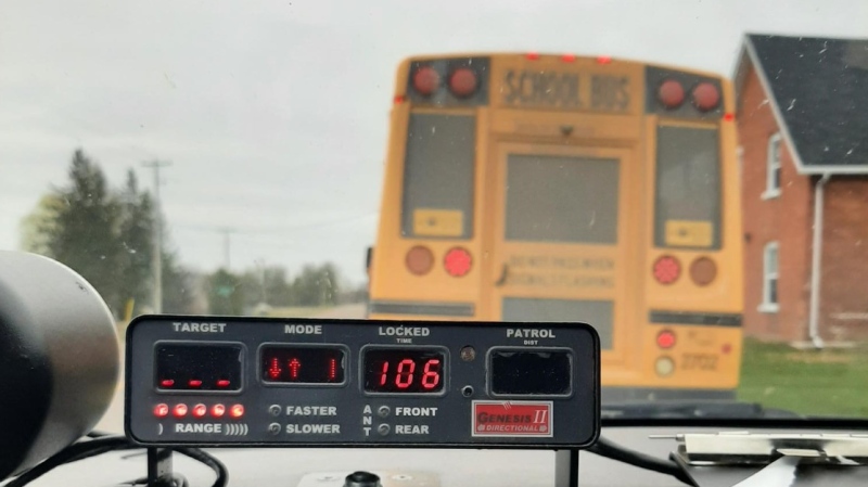 An OPP officer spotted a school bus driver travelling at 106 km/h in a 60 zone on Tuesday in Laurentian Valley Township. The driver was charged and the vehicle was impounded. (OPP)