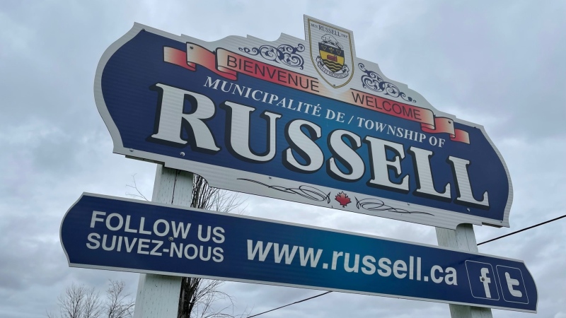 A sign welcoming visitors to the town of Russell, Ont. Council has voted to rededicate its name to 'all Russells' who have helped develop the community into what it is today. (Peter Szperling/CTV News Ottawa)