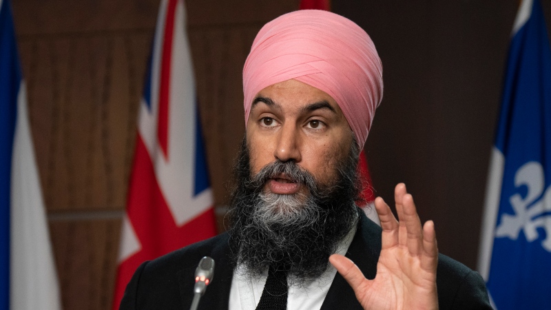 New Democratic Party leader Jagmeet Singh delivers remarks as he speaks with the media following caucus, Wednesday, May 4, 2022 in Ottawa. THE CANADIAN PRESS/Adrian Wyld