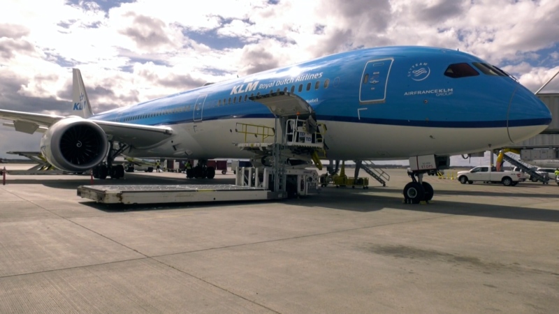 A KLM Royal Dutch Airlines Boeing 787-10 plane arriving at Edmonton International Airport on Saturday May 7, 2022. (CTV News Edmonton)
