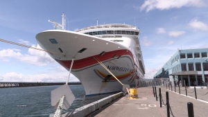 The Norwegian Sun is pictured docked at Victoria’s Ogden Point on May 9, 2022. (CTV News)