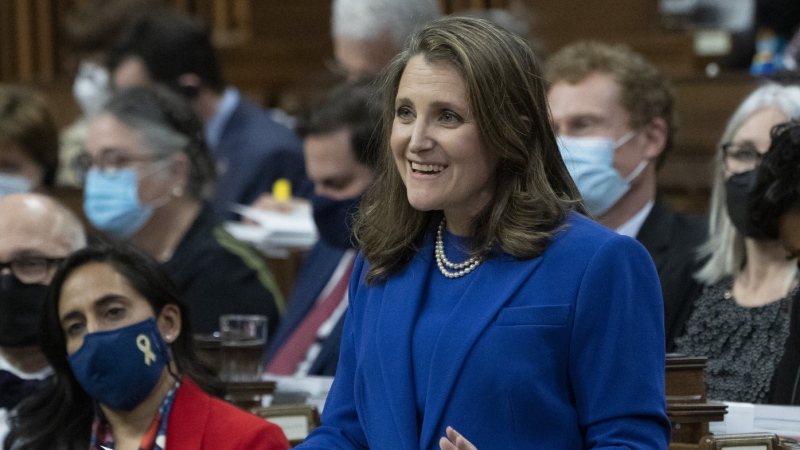 Deputy Prime Minister and Finance Minister Chrystia Freeland smiles as she delivers the federal budget in the House of Commons, April 7, 2022 in Ottawa. THE CANADIAN PRESS/Adrian Wyld