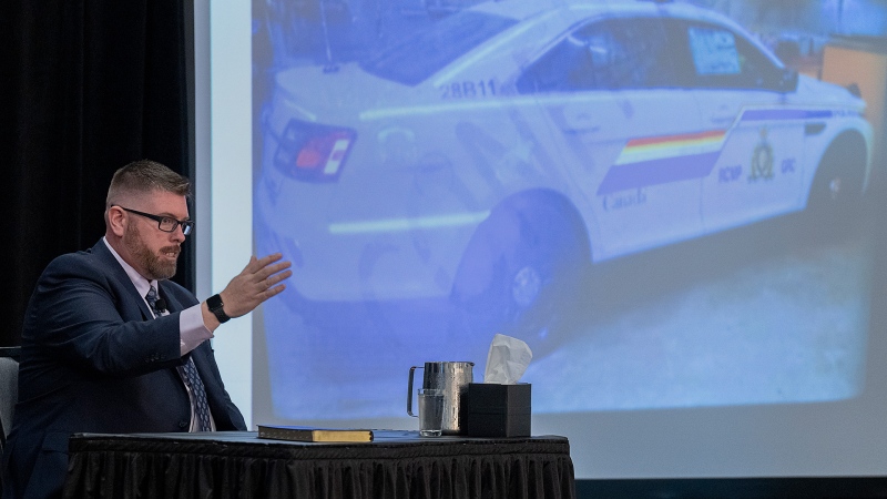 RCMP Const. Ian Fahie fields questions at the Mass Casualty Commission inquiry into the mass murders in rural Nova Scotia on April 18/19, 2020, in Dartmouth, N.S. on Thursday, May 5, 2022. Gabriel Wortman, dressed as an RCMP officer and driving a replica police cruiser, murdered 22 people. THE CANADIAN PRESS/Andrew Vaughan