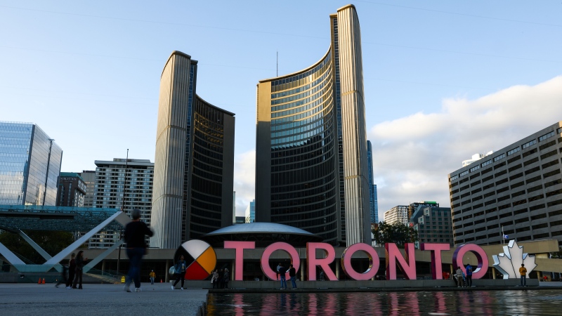 The Toronto sign in Nathan Phillips Square is seen in Toronto on Thursday, September 30, 2021. THE CANADIAN PRESS/Evan Buhler