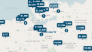 This screenshot form Zumpr shows locations of apartments listed for less than $2,000.