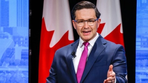 Candidate Pierre Poilievre makes a point at the Conservative Party of Canada English leadership debate in Edmonton, Alta., Wednesday, May 11, 2022.THE CANADIAN PRESS/Jeff McIntosh