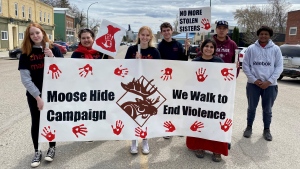 More than 100 Indian Head students participated in a walk to end violence against Indigenous women and girls. (Allison Bamford / CTV News)