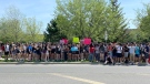 Students protest a so-called dress code "blitz" at Beatrice-Desloges Catholic High School in Orléans on Friday afternoon.