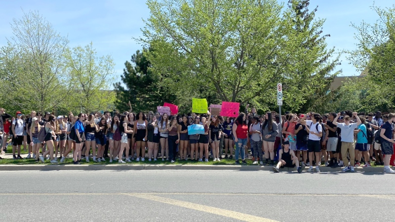 Students protest a so-called dress code "blitz" at Beatrice-Desloges Catholic High School in Orléans on Friday afternoon. 