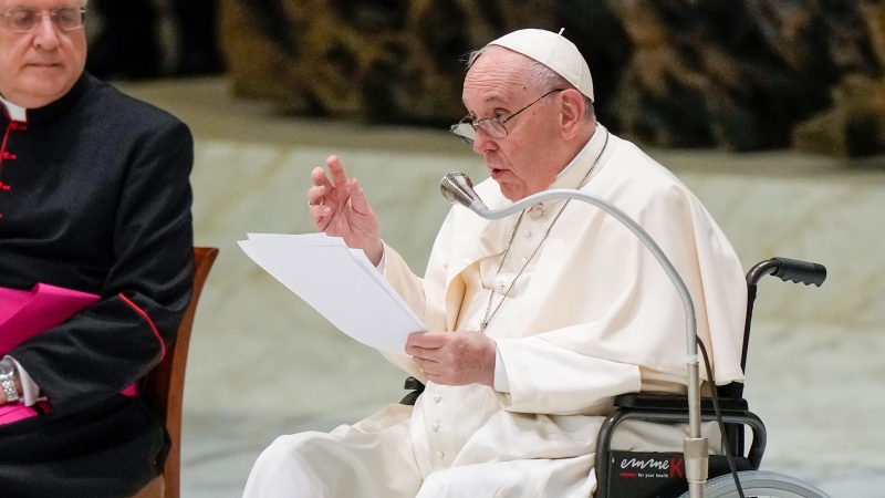 Pope Francis in a wheelchair delivers his address during an audience at The Vatican, Friday, May 13, 2022. (AP Photo/Andrew Medichini)