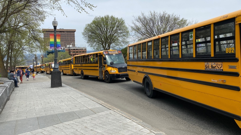 A convoy of school buses descended on the capital in Quebec City protesting poor wages and inadequate financing for transportation to school.