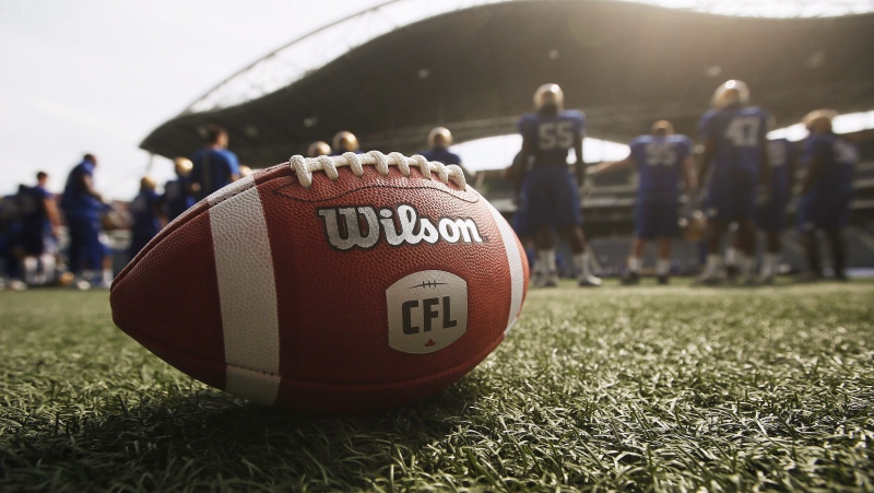 A CFL ball is photographed at the Winnipeg Blue Bomber stadium in Winnipeg on May 24, 2018. (THE CANADIAN PRESS/John Woods)