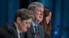 Michael MacDonald, chair, flanked by fellow commissioners Leanne Fitch, left, and Kim Stanton, delivers remarks at the Mass Casualty Commission inquiry into the mass murders in rural Nova Scotia on April 18/19, 2020, in Halifax on Monday, March 28, 2022. THE CANADIAN PRESS/Andrew Vaughan