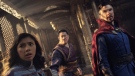 This image released by Marvel Studios shows, from left, Xochitl Gomez as America Chavez, Benedict Wong as Wong, and Benedict Cumberbatch as Dr. Stephen Strange in a scene from "Doctor Strange in the Multiverse of Madness." (Marvel Studios via AP)