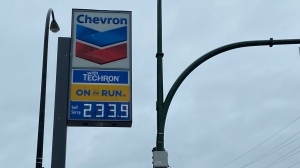 A gas station at First Avenue and Rupert Street in Vancouver advertises gas for 233.9 cents per litre on Sunday, May 15, 2022. (CTV)