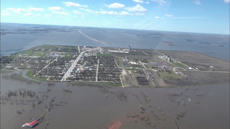 Flooding in Manitoba is pictured during an aerial tour on May 15, 2022. (Source: Media pool camera)