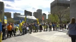 Some Edmontonians rallied Sunday, May 15, 2022, to show support for Ukraine amid the Russian invasion of that country (CTV News Edmonton/Darcy Seaton).