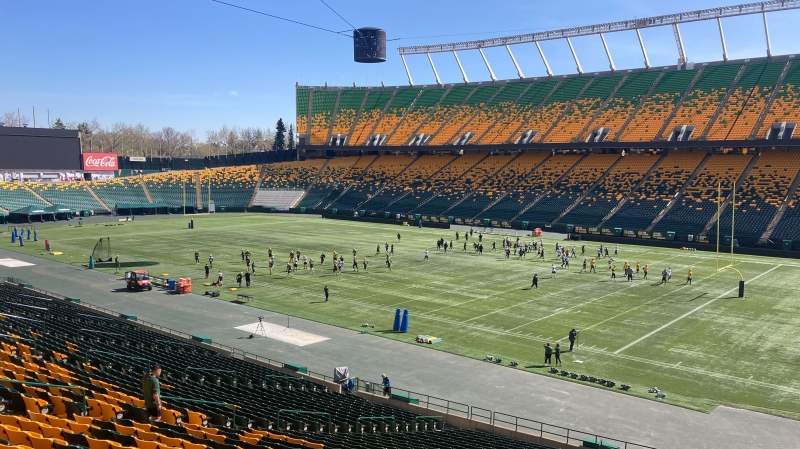 The Edmonton Elks warm-up ahead of the opening practice of main camp on Sunday, May 15, 2022 (CTV News Edmonton/Dave Mitchell).