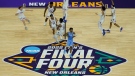 Kansas players celebrate a win over North Carolina after a college basketball game in the finals of the men's Final Four NCAA tournament, April 4, 2022, in New Orleans. (AP Photo/David J. Phillip, File)