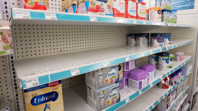 Shortages of many popular brands of baby formula are seen on a pharmacy shelf, Monday, May 16, 2022 in Montreal.THE CANADIAN PRESS/Ryan Remiorz