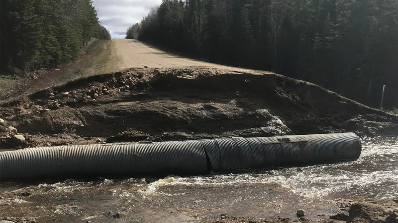 A washed-out bridge near Duck Mountain Provincial Park in Manitoba is shown in this undated photo. Many roads and bridges in the area were severely damaged by flooding. THE CANADIAN PRESS/HO-Dawn Dowsett