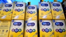 Infant formula is stacked on a table during a baby formula drive to help with the shortage Saturday, May 14, 2022, in Houston. Parents seeking baby formula are running into bare supermarket and pharmacy shelves in part because of ongoing supply disruptions and a recent safety recall. (AP Photo/David J. Phillip)