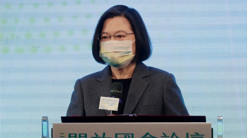 Taiwan's President Tsai Ing-wen delivers a speech during the opening ceremony of the 2021 Open Parliament Forum in Taipei, Taiwan, Dec. 2, 2021. (AP Photo/Chiang Ying-ying)