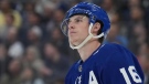 Toronto Maple Leafs right wing Mitchell Marner (16) looks towards the scoreboard during first period NHL first-round playoff series action against the Tampa Bay Lightning in Toronto on Tuesday, May 10, 2022. (THE CANADIAN PRESS/Nathan Denette Nathan Denette)
