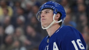 Toronto Maple Leafs right wing Mitchell Marner (16) looks towards the scoreboard during first period NHL first-round playoff series action against the Tampa Bay Lightning in Toronto on Tuesday, May 10, 2022. (THE CANADIAN PRESS/Nathan Denette
Nathan Denette)