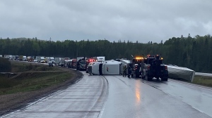 Tractor-trailer on its side on Highway 11 in South River has closed the road to traffic in both directions. May 17/22 (Ontario Provincial Police)