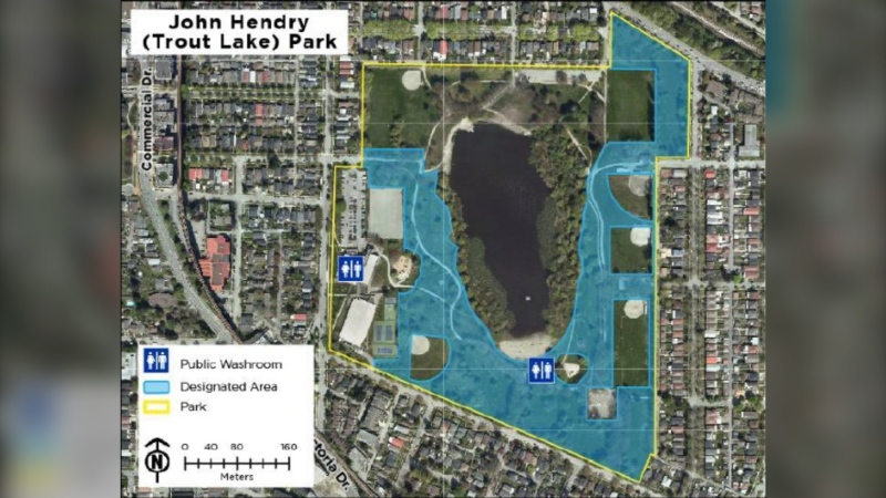 Vancouver Park Board map showing where drinking is permitted in John Hendry Park. 
