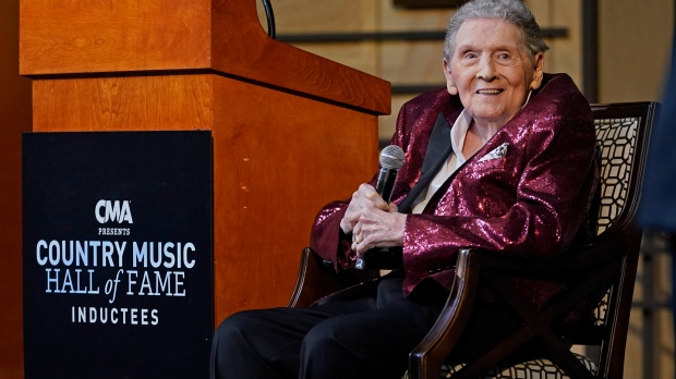Jerry Lee Lewis speaks at the Country Music Hall of Fame after it was announced he will be inducted as a member Tuesday, May 17, 2022, in Nashville, Tenn. (AP Photo/Mark Humphrey)