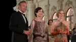 This image released by Focus Features shows Hugh Bonneville, from left, Elizabeth McGovern and Laura Carmichael in a scene from "Downton Abbey: A New Era." (Ben Blackall/Focus Features via AP)