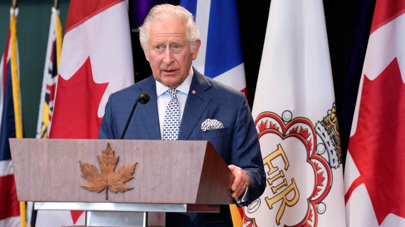 Prince Charles speaks during a welcoming ceremony upon his arrival in St. John’s, as he begins a three-day Canadian tour, Tuesday, May 17, 2022. THE CANADIAN PRESS/Paul Chiasson