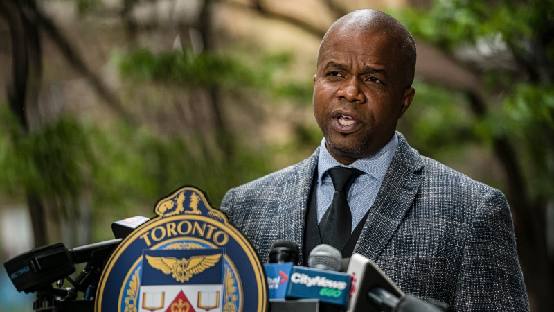 Inspector Richard Harris from Toronto Police Service's Hold-Up Squad gives remarks and answers questions during a press conference at TPS headquarters, in Toronto on Tuesday, May 17, 2022. THE CANADIAN PRESS/Christopher Katsarov 