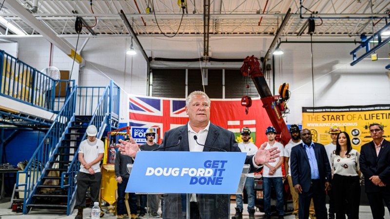 Ontario Premier Doug Ford makes an announcement during a campaign stop at the Finishing Trades Institute of Ontario, in North York, Ont., on Tuesday, May 17, 2022. THE CANADIAN PRESS/Christopher Katsarov