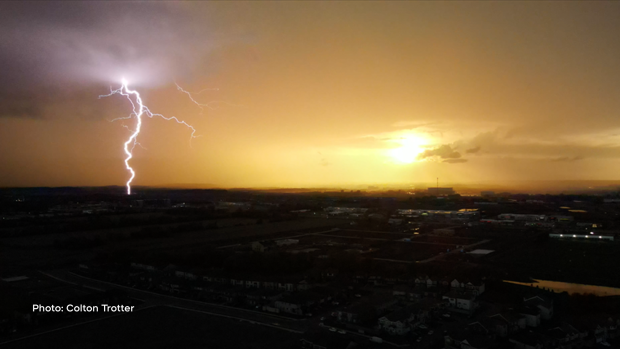 A drone captures a lightning strike on Sunday, May 15, 2022. (Colton Trotter/CTV Viewer)